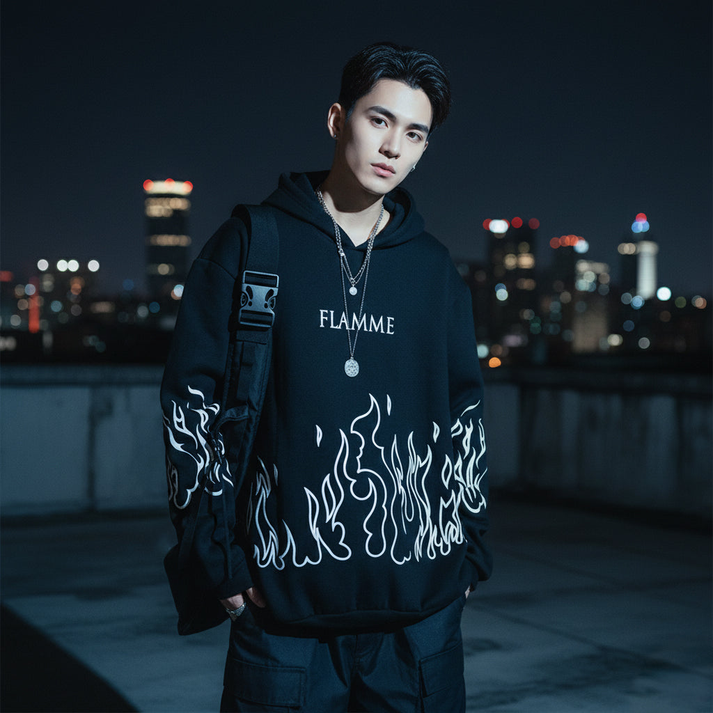 FLAMME Street Flame Hoodie | Unisex Oversized Winter Hoodie | Graphic Streetwear Sweatshirt for Men & Women - AMANISHE STUDIO