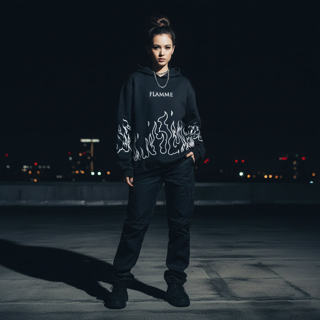 FLAMME Street Flame Hoodie | Unisex Oversized Winter Hoodie | Graphic Streetwear Sweatshirt for Men & Women - AMANISHE STUDIO