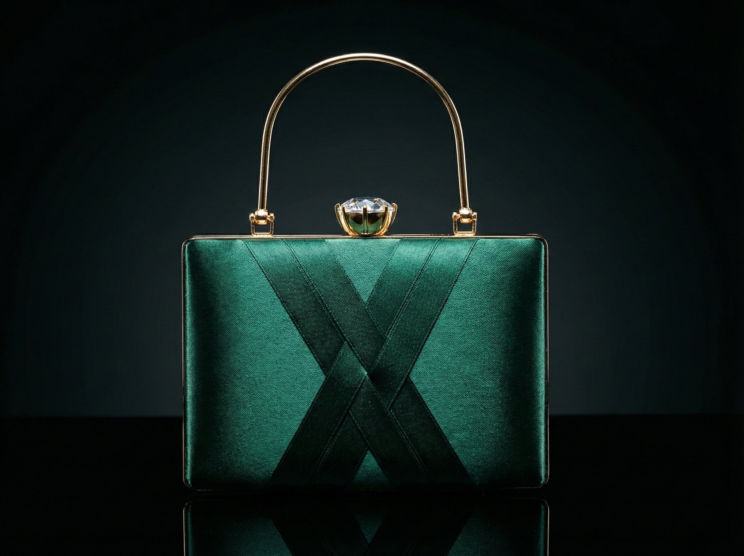 Emerald Green Designer Bridal Clutch for Women | Premium Satin Party Handbag with Golden Handle & Chain - AMANISHE STUDIO