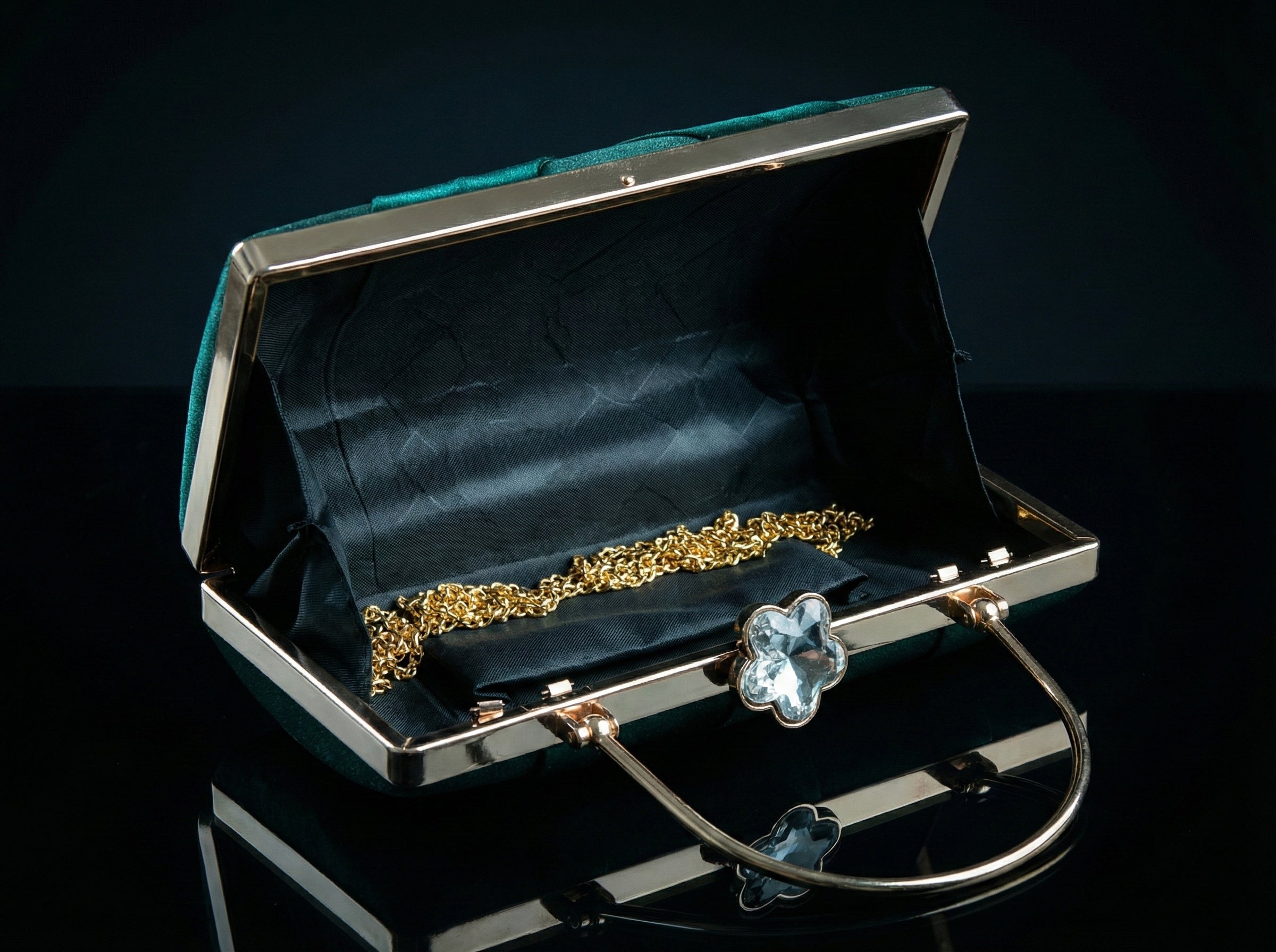 Emerald Green Designer Bridal Clutch for Women | Premium Satin Party Handbag with Golden Handle & Chain - AMANISHE STUDIO