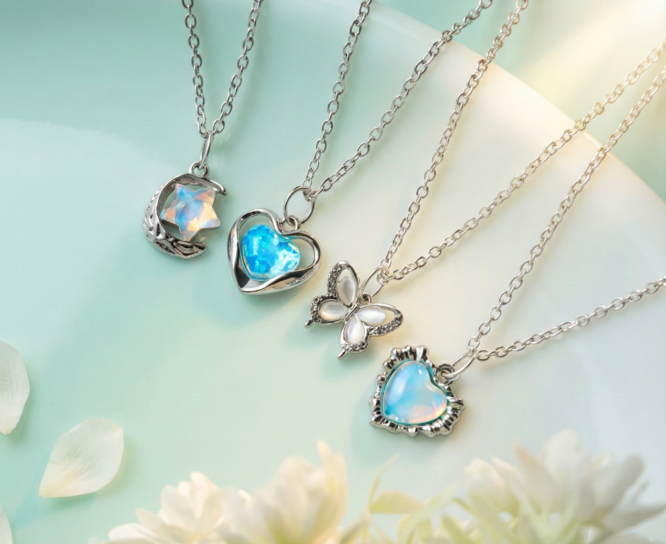 Pack of 4 Aesthetic Silver Charm Pendant Necklaces for Women & Girls – Korean Minimal Jewelry – Heart, Moon & Butterfly Design - AMANISHE STUDIO