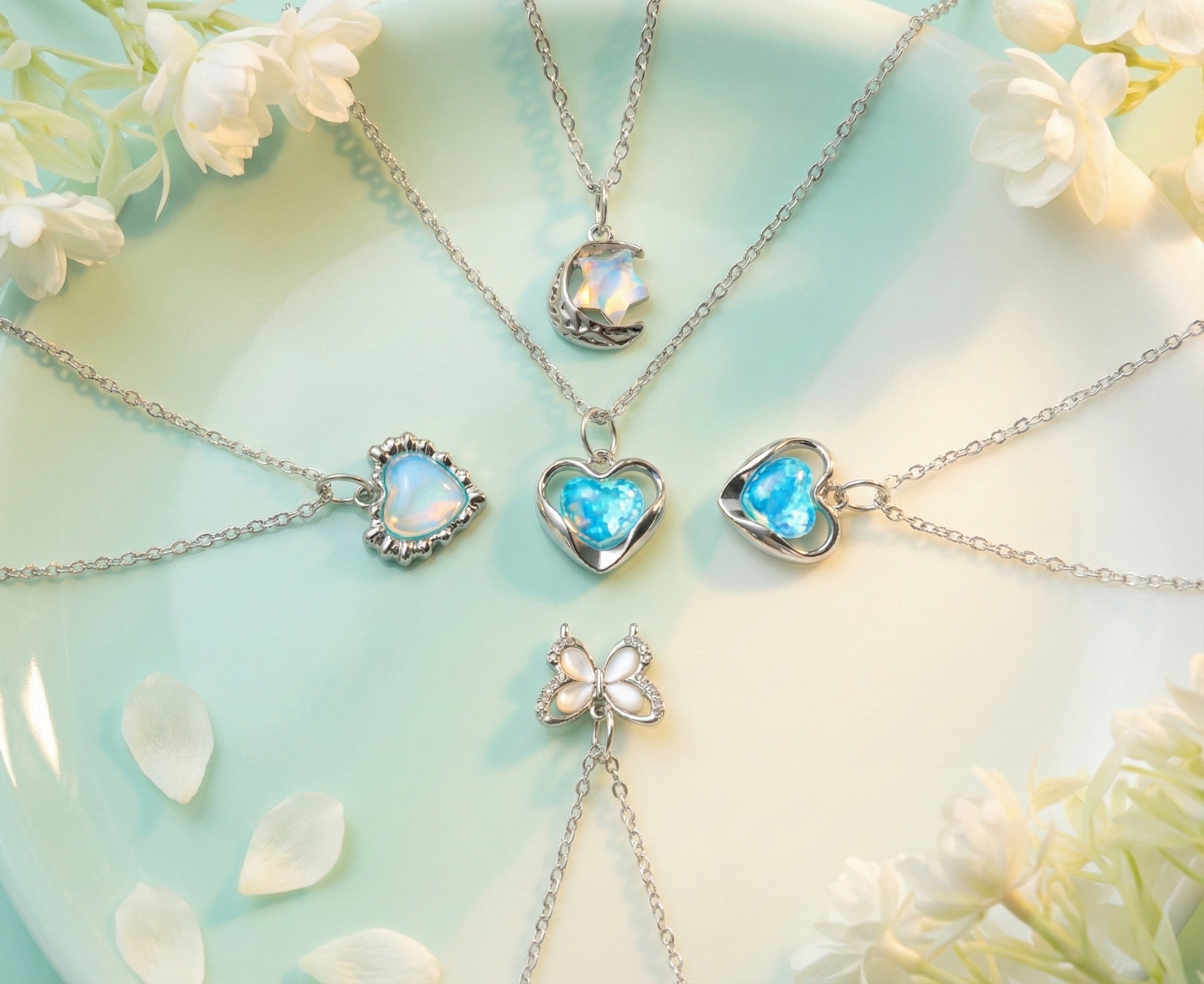 Pack of 4 Aesthetic Silver Charm Pendant Necklaces for Women & Girls – Korean Minimal Jewelry – Heart, Moon & Butterfly Design - AMANISHE STUDIO