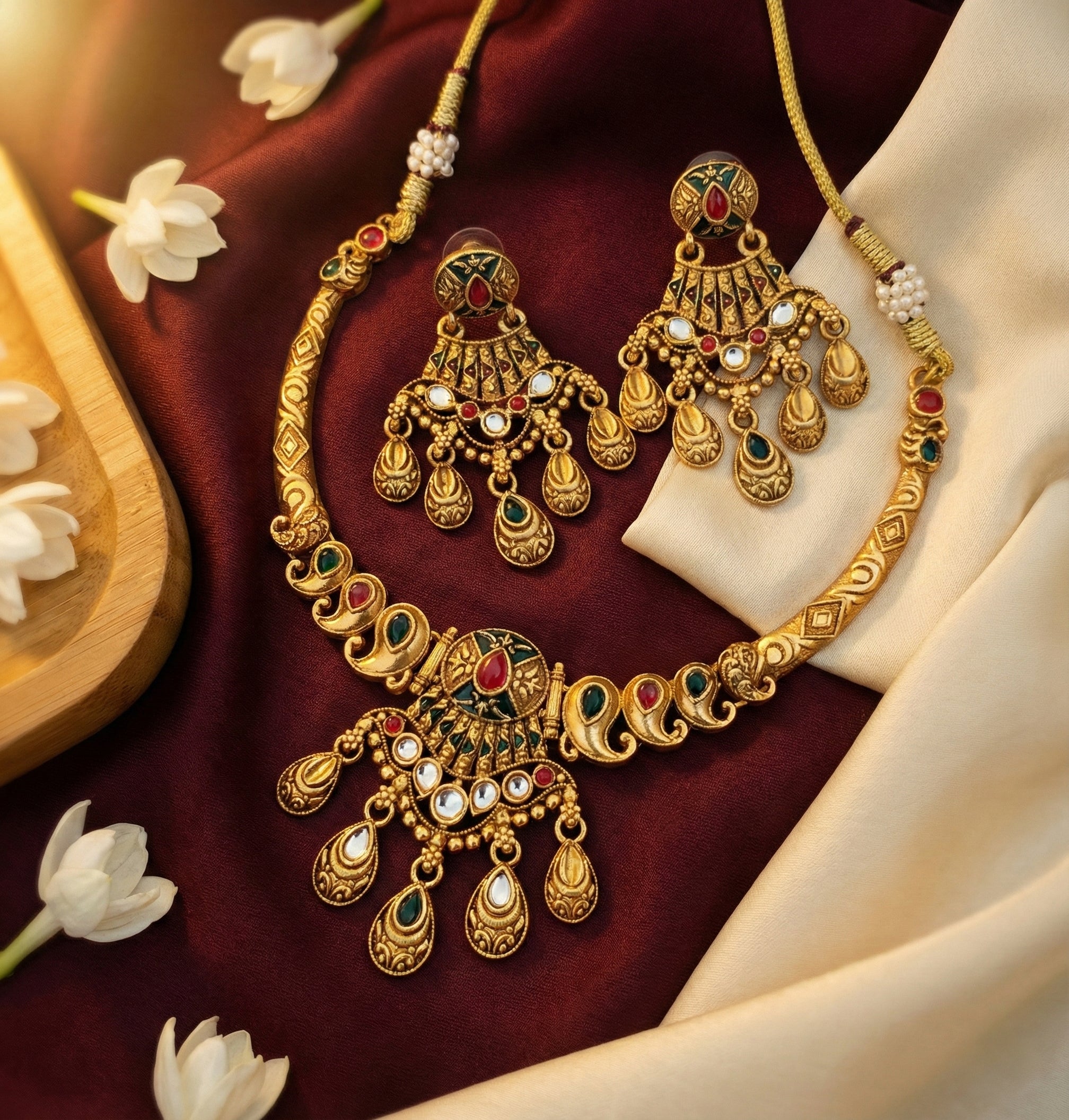 Traditional Kemp Work Gold Plated Necklace & Earrings Set | Bridal / Festive Jewelry for Women - AMANISHE STUDIO