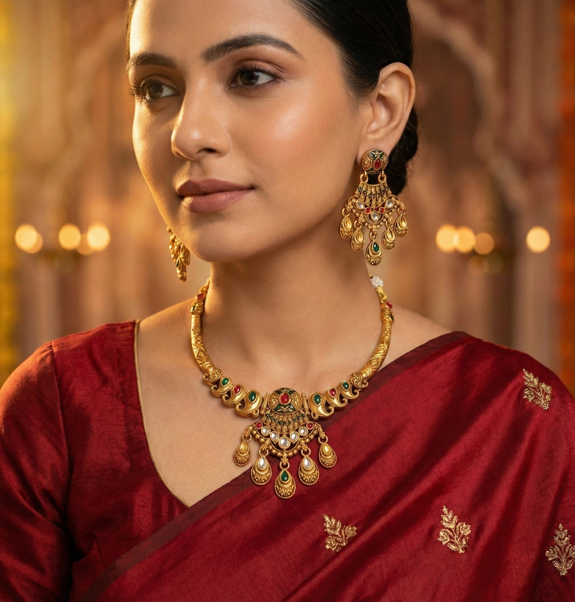 Traditional Kemp Work Gold Plated Necklace & Earrings Set | Bridal / Festive Jewelry for Women - AMANISHE STUDIO