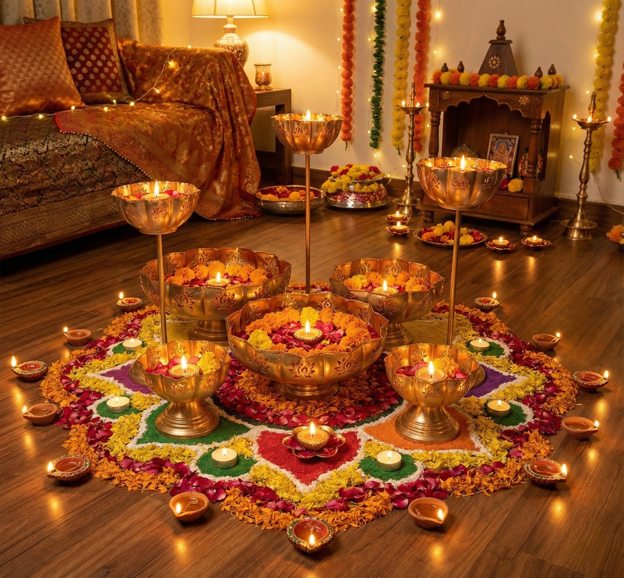 Premium Lotus Urli Bowl Set with Floating Diya | Home Decor & Festival Decoration | 9 Pieces Set - AMANISHE STUDIO