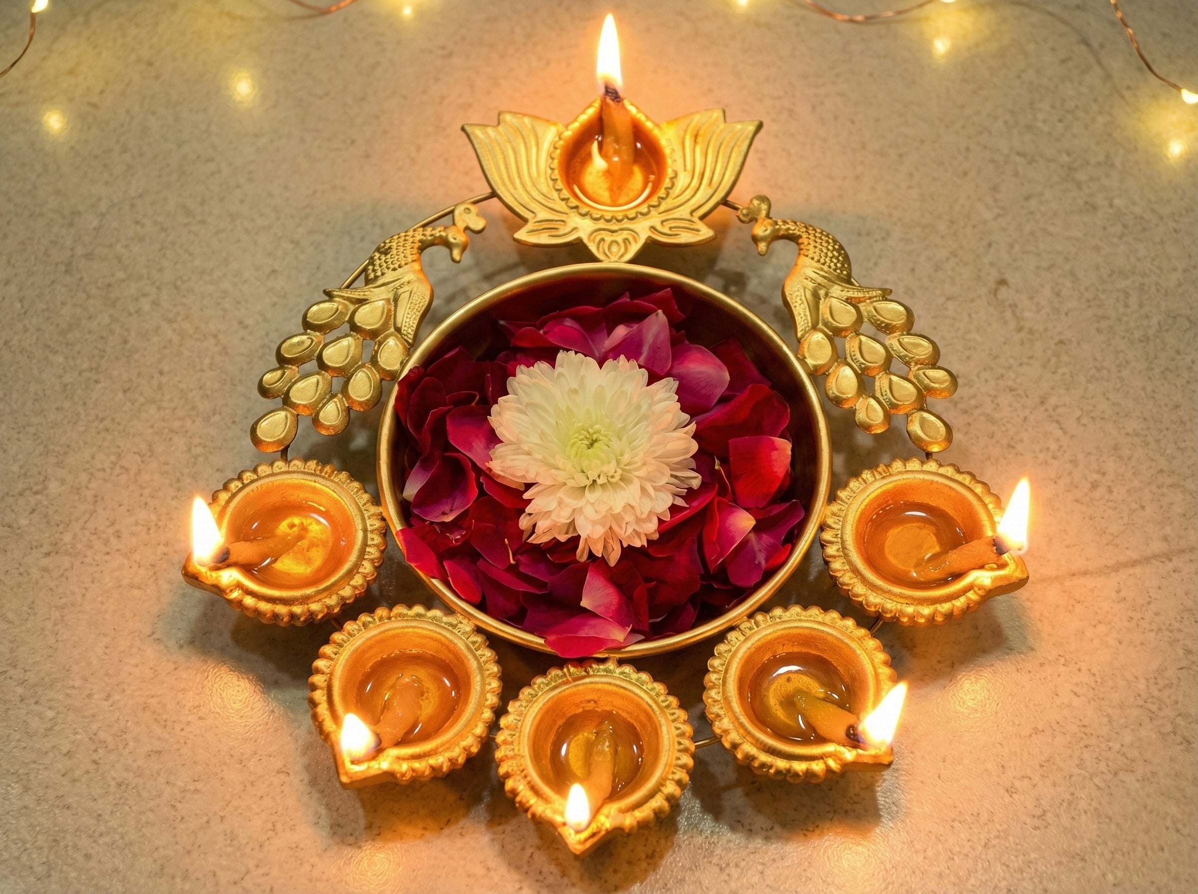 Premium Peacock Urli Candle Holder with Diya | Festive Decoration for Home & Pooja Room | Gold Metal | Set of 1 - AMANISHE STUDIO