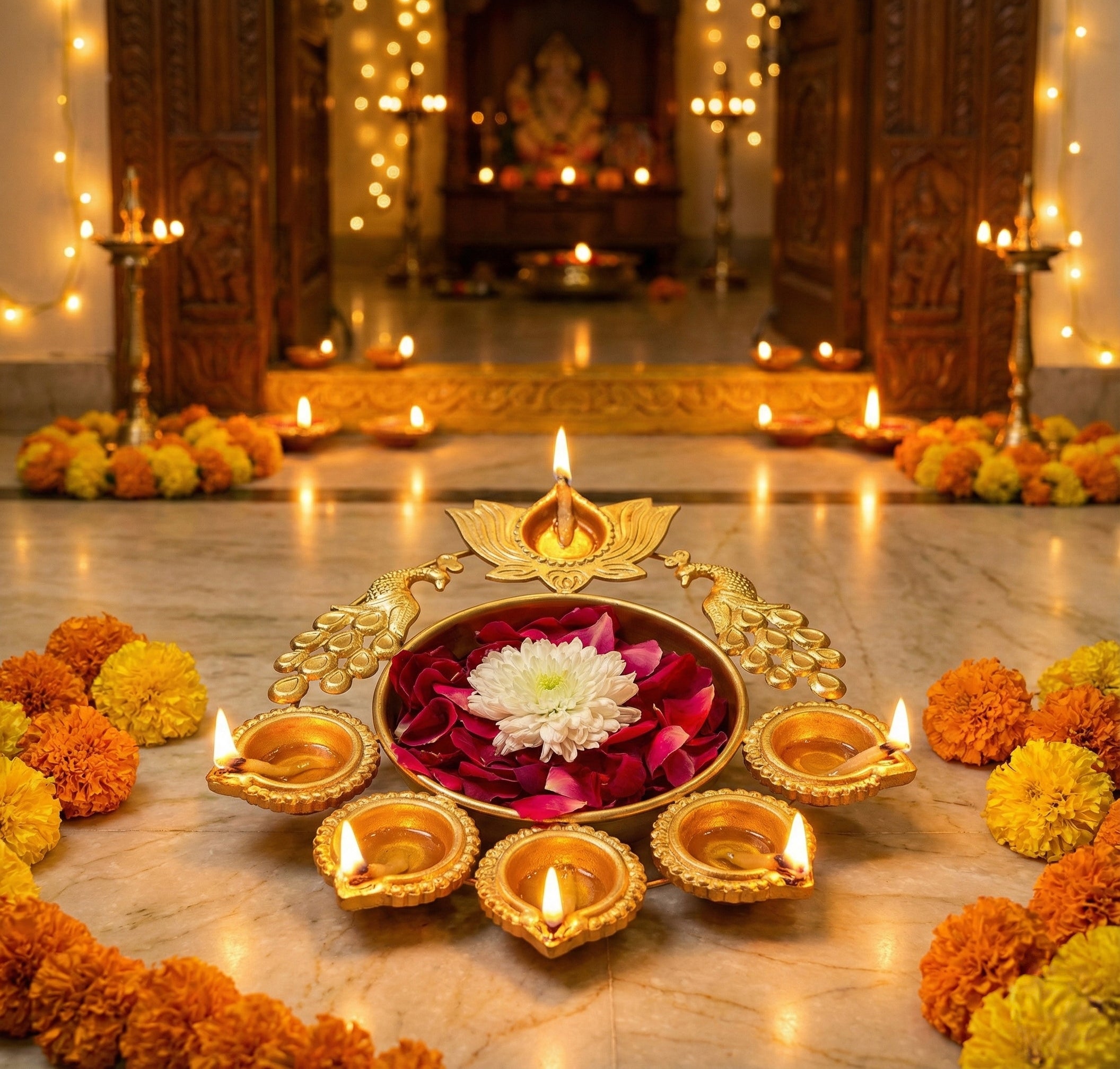 Premium Peacock Urli Candle Holder with Diya | Festive Decoration for Home & Pooja Room | Gold Metal | Set of 1 - AMANISHE STUDIO