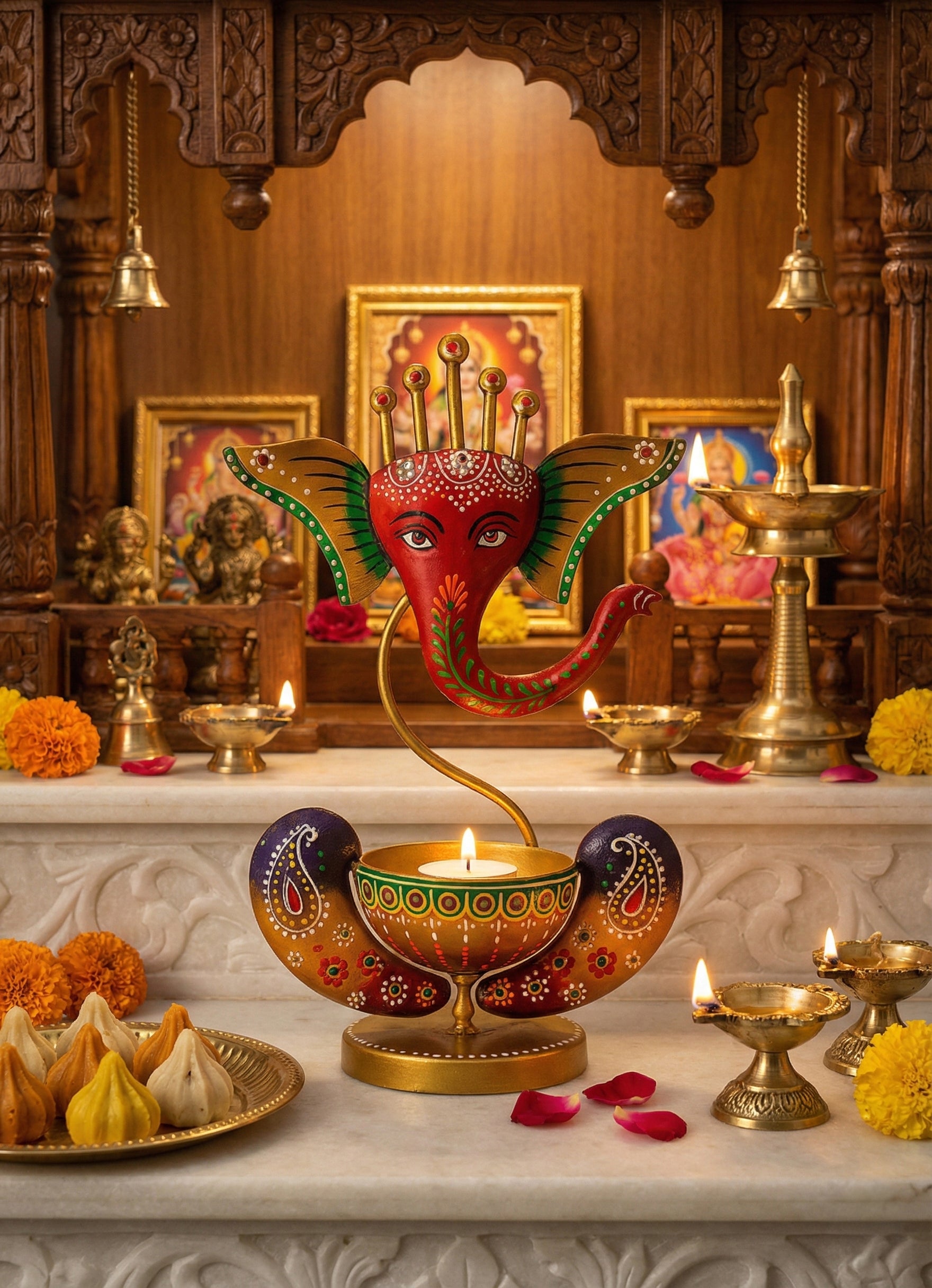 Handcrafted Metal Ganesha T-Light Holder | Diwali Decor | Pooja Temple Candle Stand | Home Decoration Showpiece - AMANISHE STUDIO