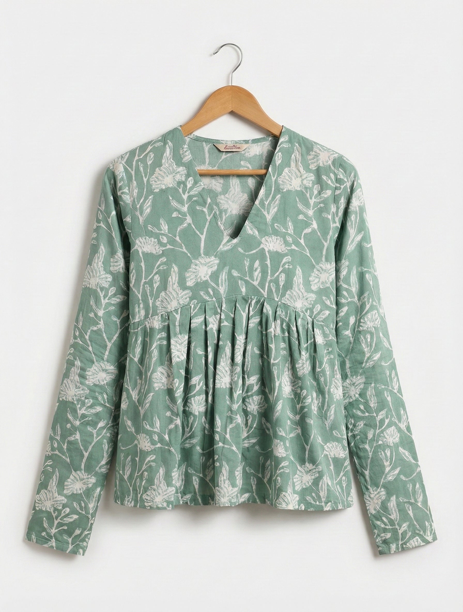 Green Floral Rayon Top for Women | V-Neck Gathering Style | Casual & Office Wear Long Sleeve Top | Light & Comfortable Fabric - AMANISHE STUDIO