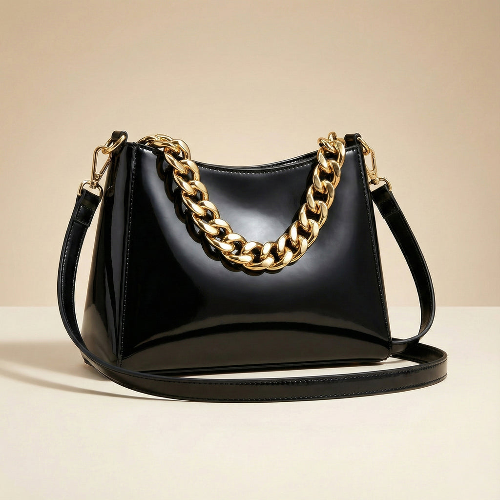Classic Elegant Black Glossy Sling Bag with Gold Chain – Trendy Travel & Party Handbag for Women/Girls - AMANISHE STUDIO